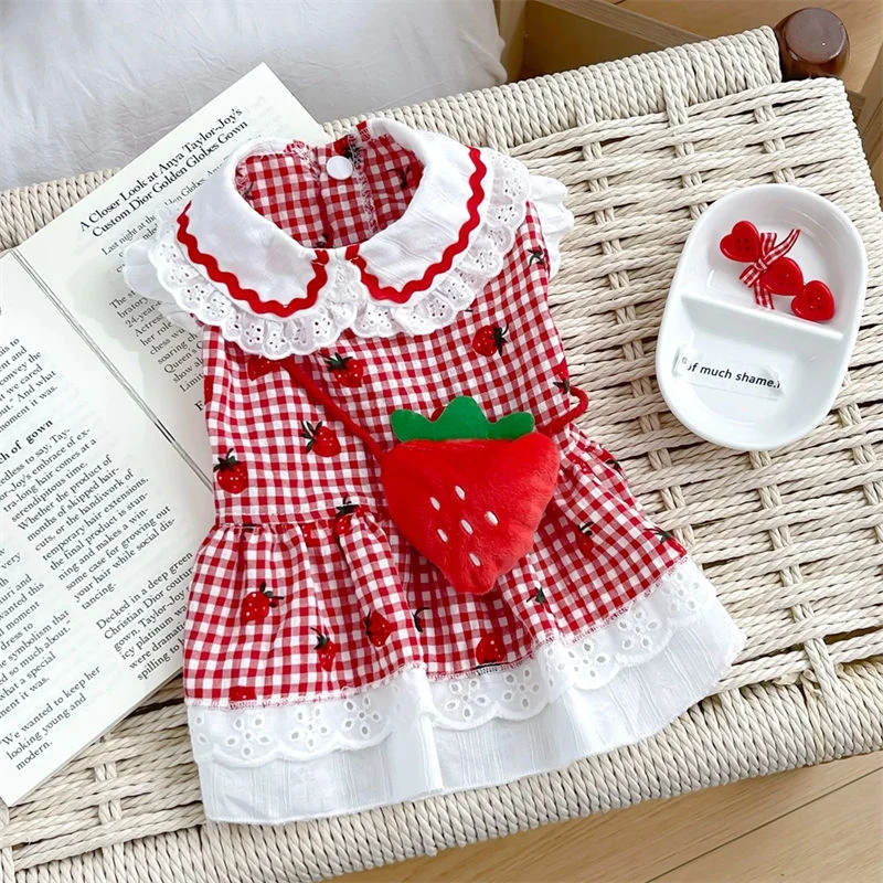 Cute Strawberry Checkered Pet Dress