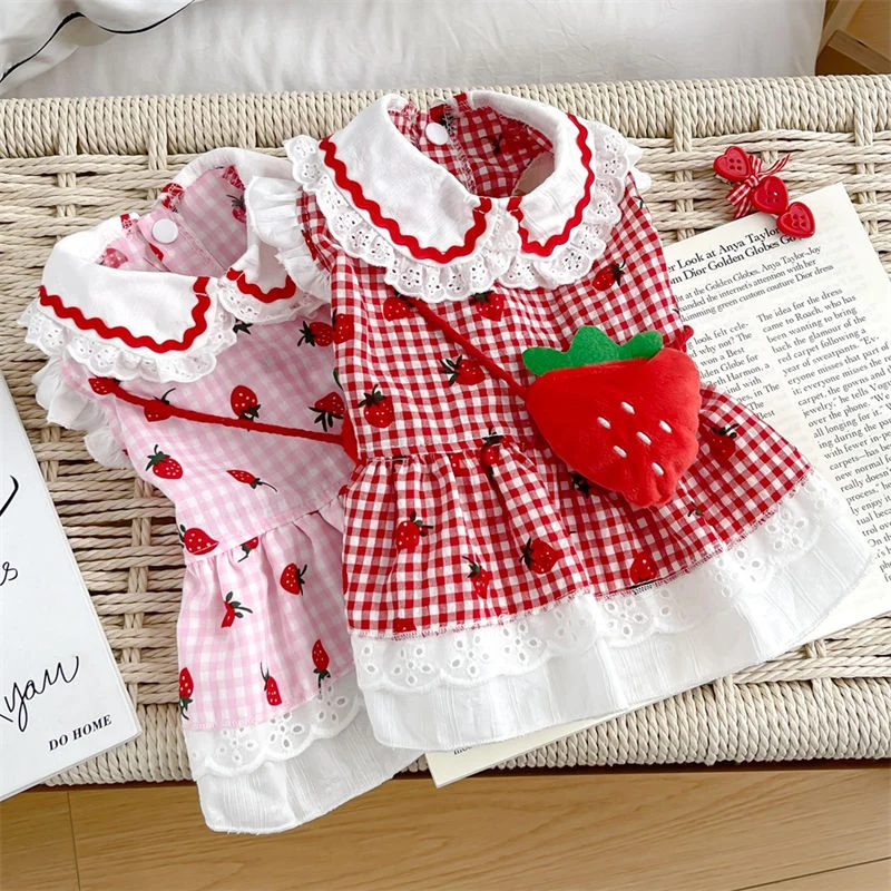 Cute Strawberry Checkered Pet Dress