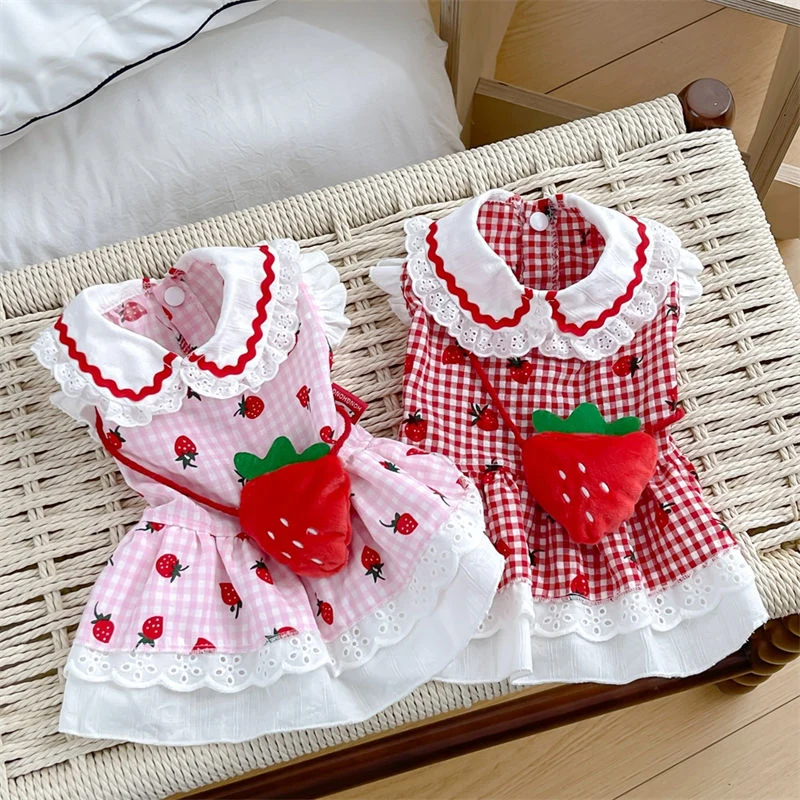 Cute Strawberry Checkered Pet Dress