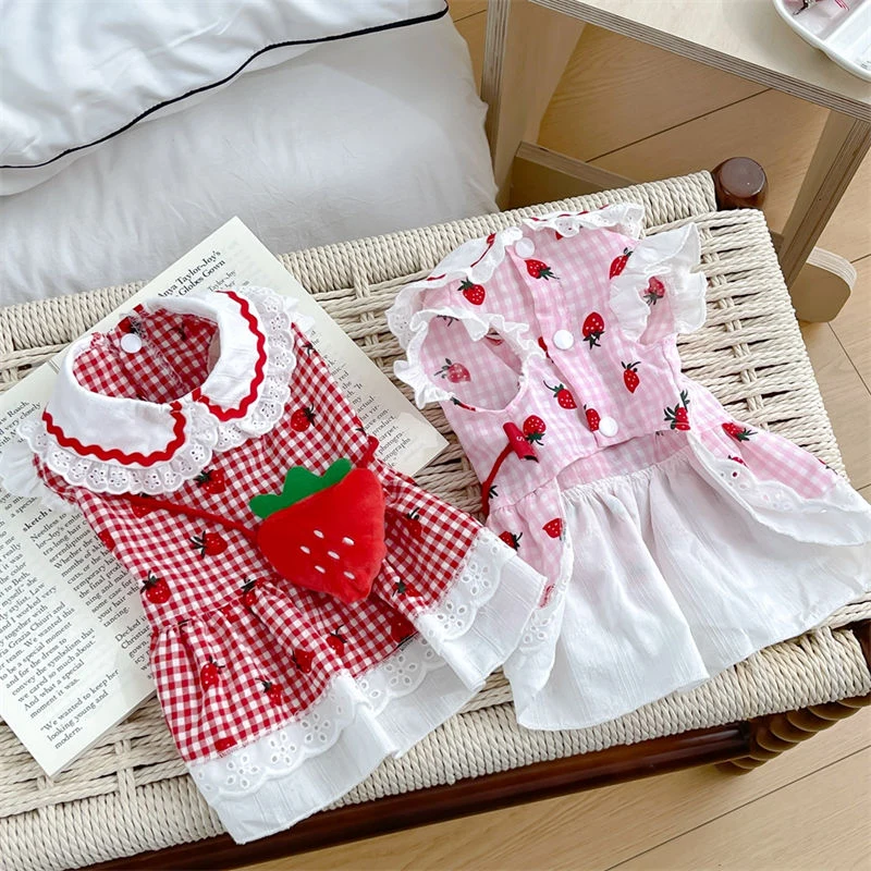 Cute Strawberry Checkered Pet Dress